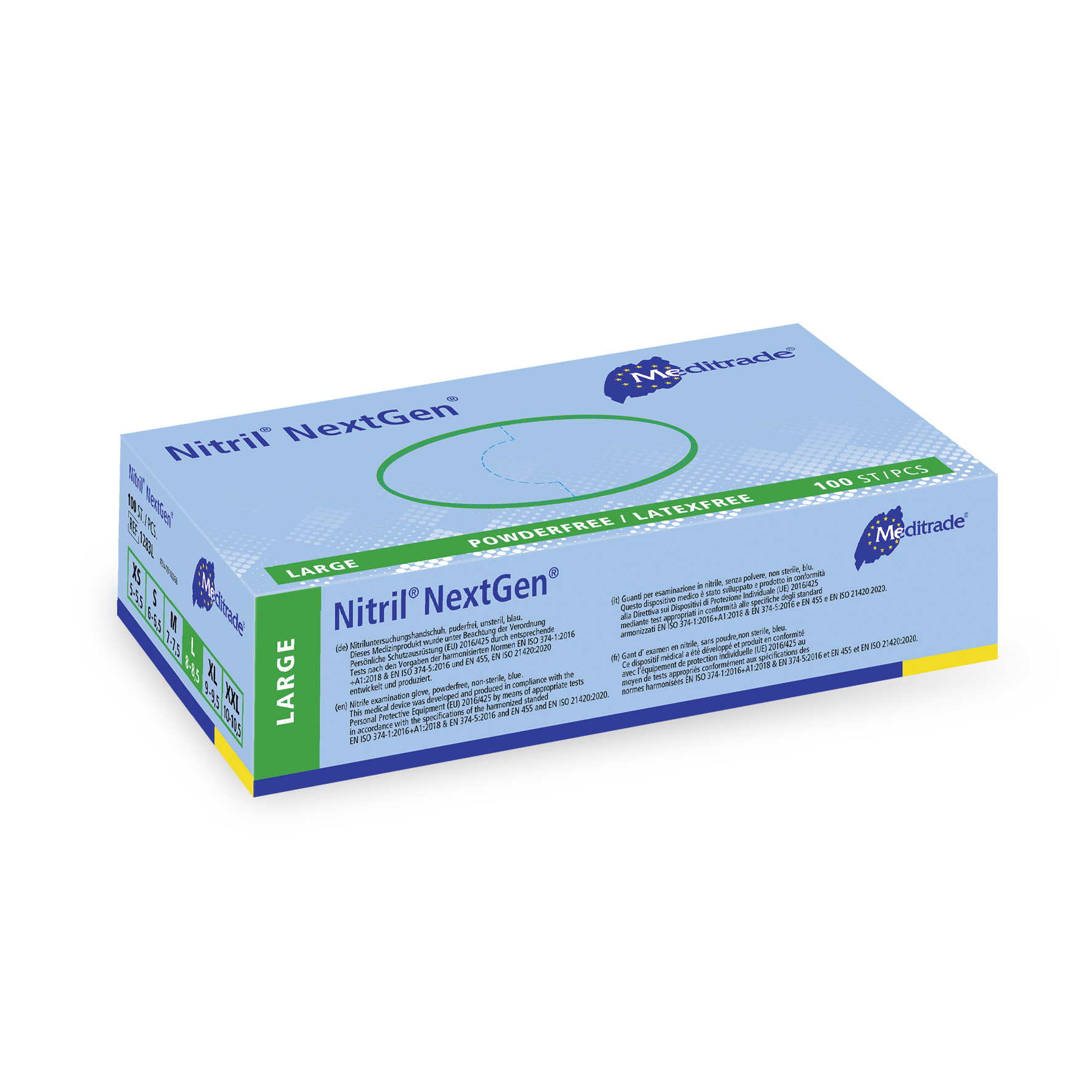 Meditrade Nitril® NextGen® Nitriilistä valmistettu tutkimuskäsine, jauheeton.
